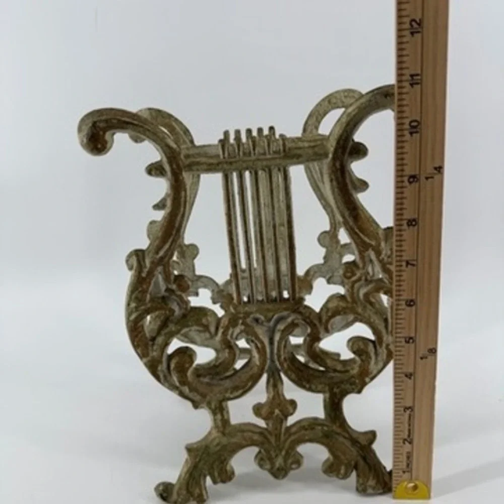 Vintage Cast Iron Lyre Harp Book Stand Sheet Music Holder Distressed White Gold